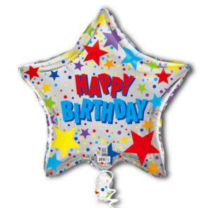 19S Happy Birthday Silver Background Colorful stars