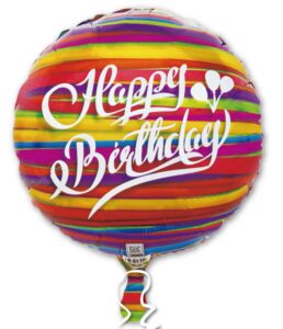18C Happy Birthday White Script Colorful Stripes