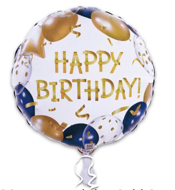 18C Happy Birthday Gold Script Blue & Gold Balloons